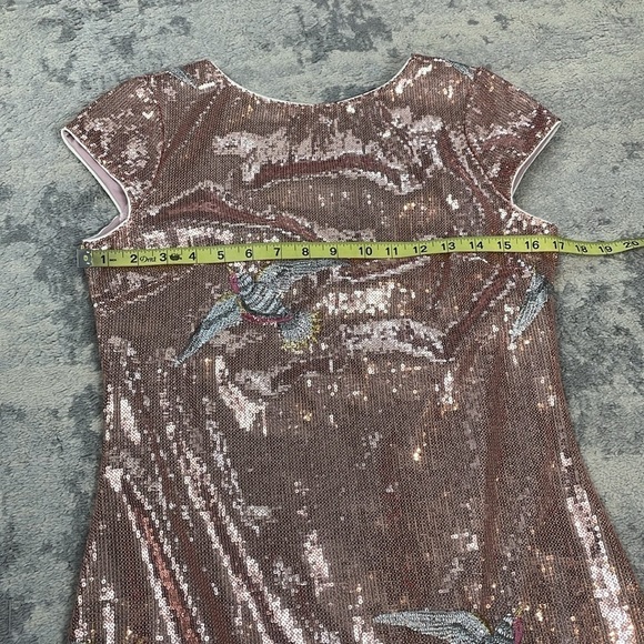 LOB Sequin Dress with Bird Embroidery Mini Shift V Back Sparkle Party Sz S - Picture 6 of 11